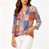 Women Vintage Floral Print Patchwork Henley Button Neck Three Quarter Sleeve Cotton Linen Shirt Casual Loose Fit Blouse