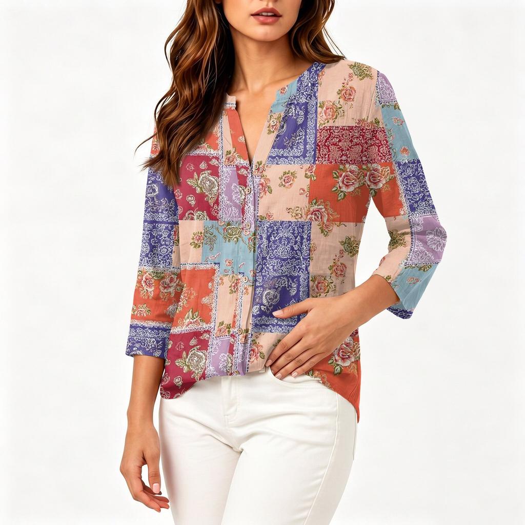 Women Vintage Floral Print Patchwork Henley Button Neck Three Quarter Sleeve Cotton Linen Shirt Casual Loose Fit Blouse