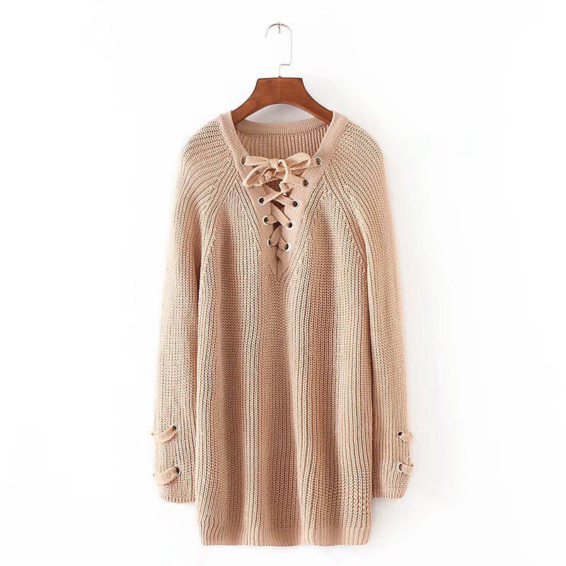 

Fashion Autumn Winter Women Pullovers Casual Vneck Tape Long Sleeve Sweater Tag XL=US M хаки