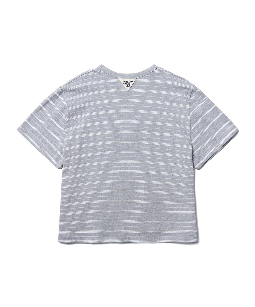 TTUDEMENT 50S Embroidered Striped Semi Over Fit T-Shirt_Melange Gray