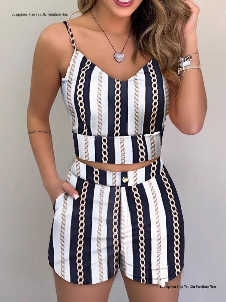 European and American Women's Summer Spaghetti Strap Slim-Fit Printed Shorts Set