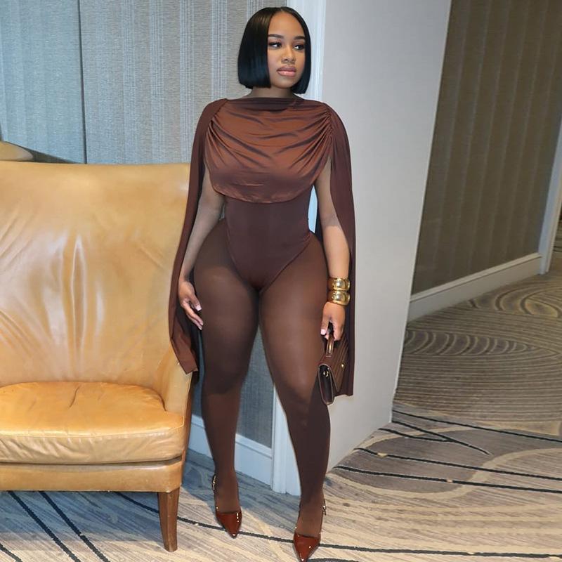 Women Solid Off Shoulder Draped Ruched Cape Sleeve Jumpsuit Mid Waist Skinny Long Jumpsuit Summer Club Party Bodysuit Jumpsuit
