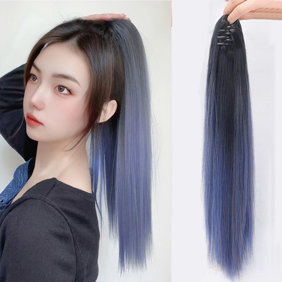 Extension de Cheveux Synthétiques Longs Lisses à Pince Queue de Cheval 22 Pouces Noir Mèches Bleues Grises Postiche Queue de Cheval Perruque Pour Femmes