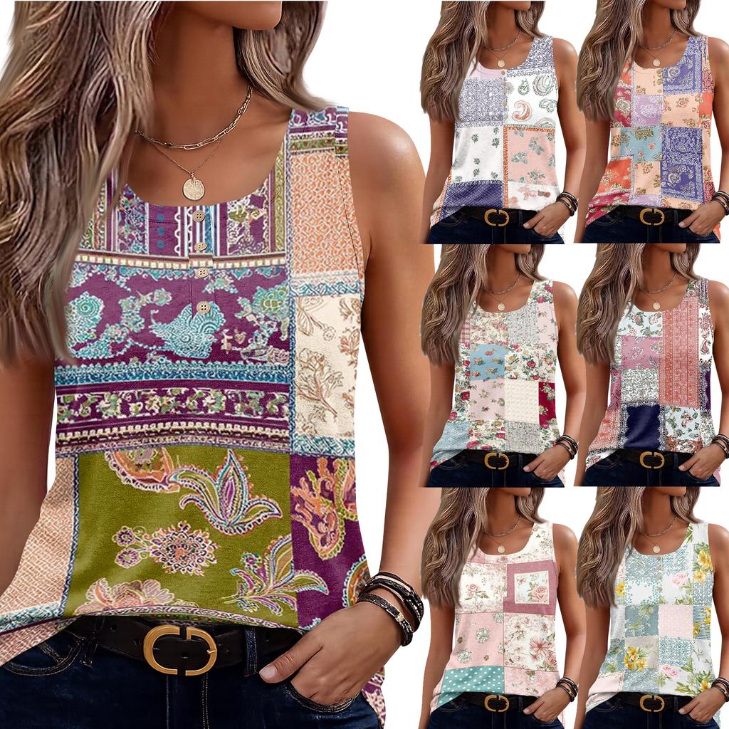 Women Sleeveless U Neck Button Detail Floral Print Casual Tank Top Lightweight Summer Blouse Patchwork Design