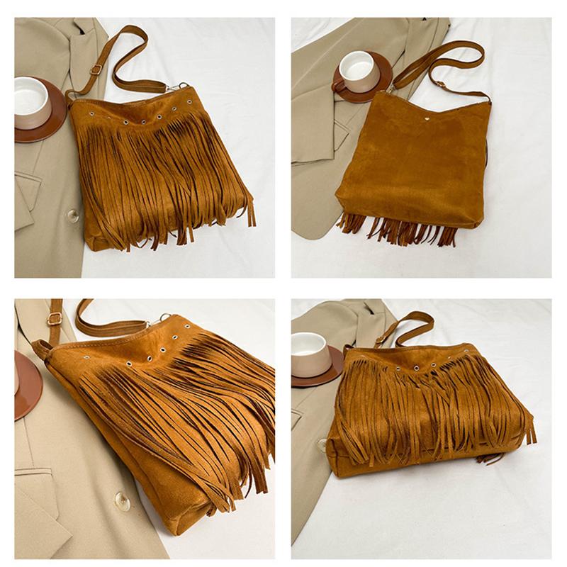 Yogodlns Boho Style Tassel Crossbody Bag Soft Frosted Tassel Straddle Bag Women Vintage Suede Shoulder Bag Casual Messenger Bag