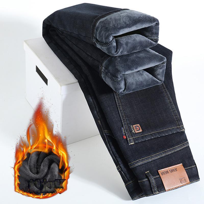 

Нові плюшеві товсті джинси осінь/зима 2024 р. Чоловічі вільні прямі штани середнього віку, бавовна, стрейч, утеплені 40