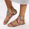 Fashion Summer Women Plus Size Ethnic Style One Word Wide Strip Multicolor Woven Strap Back Zip Anti-Slip Beach Sandals
