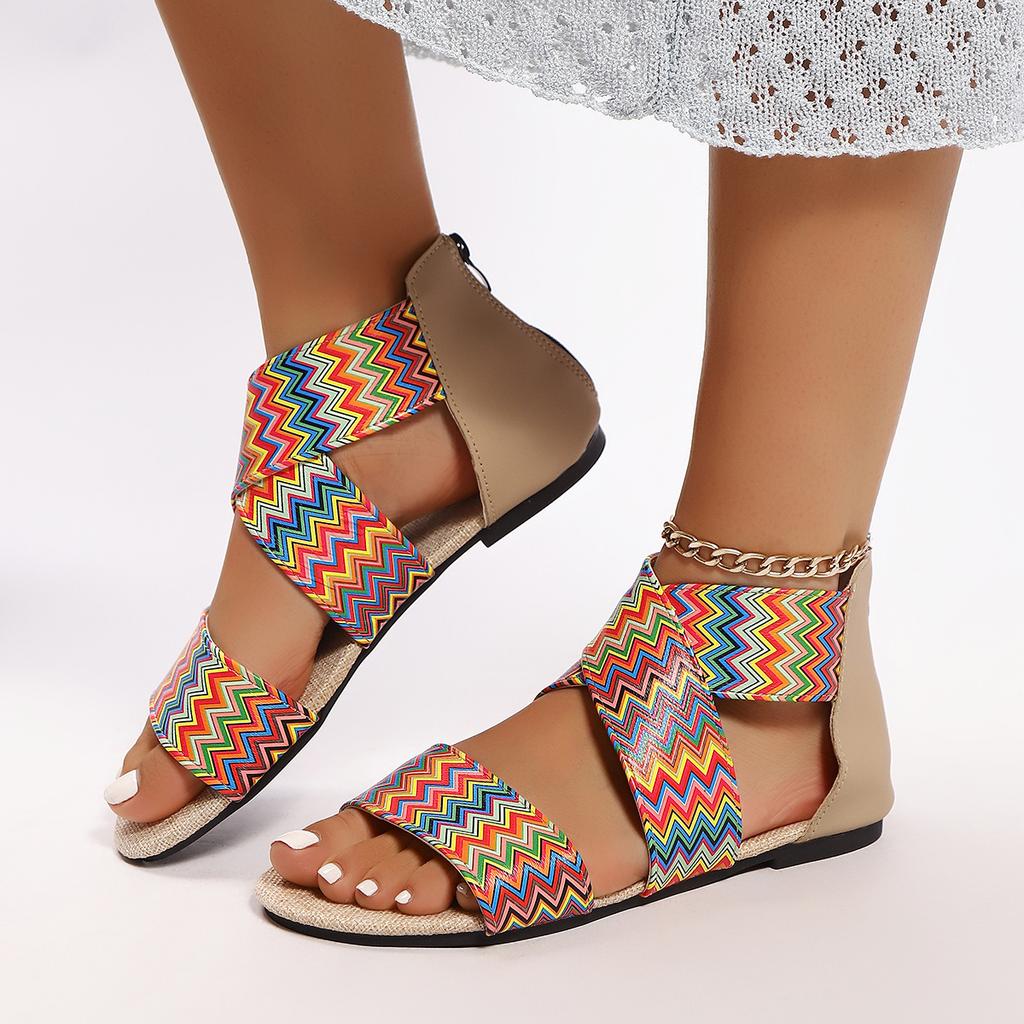Fashion Summer Women Plus Size Ethnic Style One Word Wide Strip Multicolor Woven Strap Back Zip Anti-Slip Beach Sandals