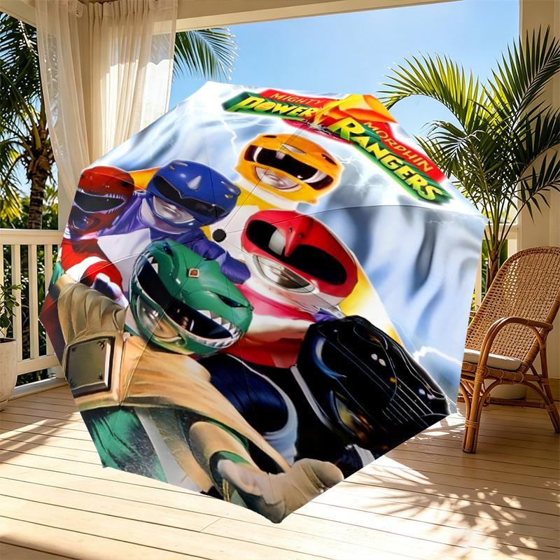Mighty Morphin Power Rangers Print Automatic Open Close Umbrella, Portable Foldable Umbrella, for Outdoor Commute Camping Trip, Ideal Birthday Gift