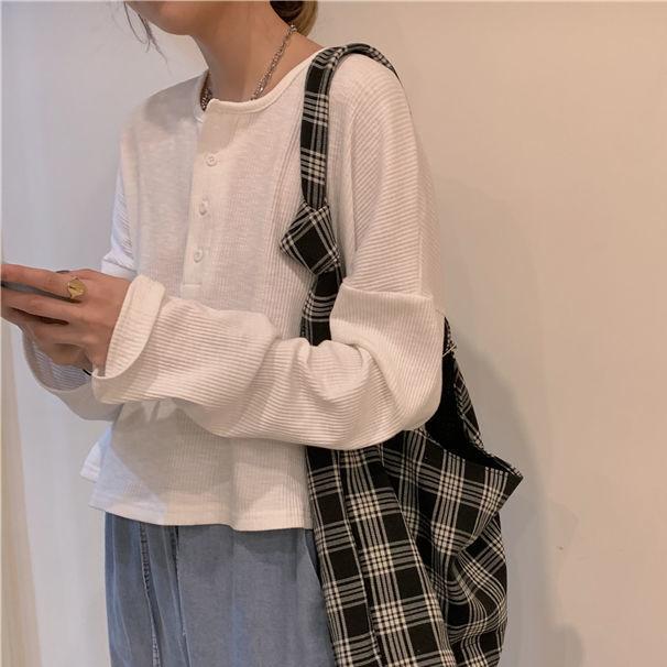 Long Sleeve T-shirts Women Elegant Simple Pure Button Design Retro Ins Autumn Ladies Tees Top All-match BF Style Mujer Clothes