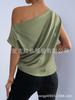 Women's Satin T-shirt Summer TK European and American Women's Clothing New Slanted Shoulder Solid Color Versatile Off-shoulder Top Women