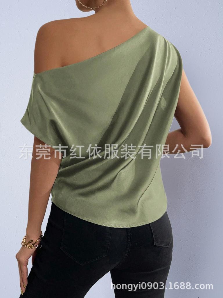 Women's Satin T-shirt Summer TK European and American Women's Clothing New Slanted Shoulder Solid Color Versatile Off-shoulder Top Women