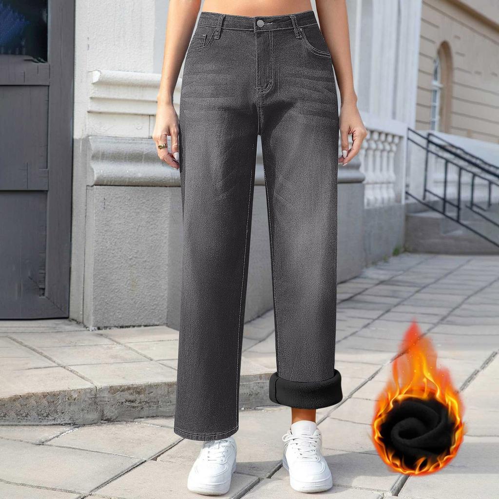 Women Winter Thciken Fleece Keep Warm Denim Jeans Ladies High Street Straight Pants