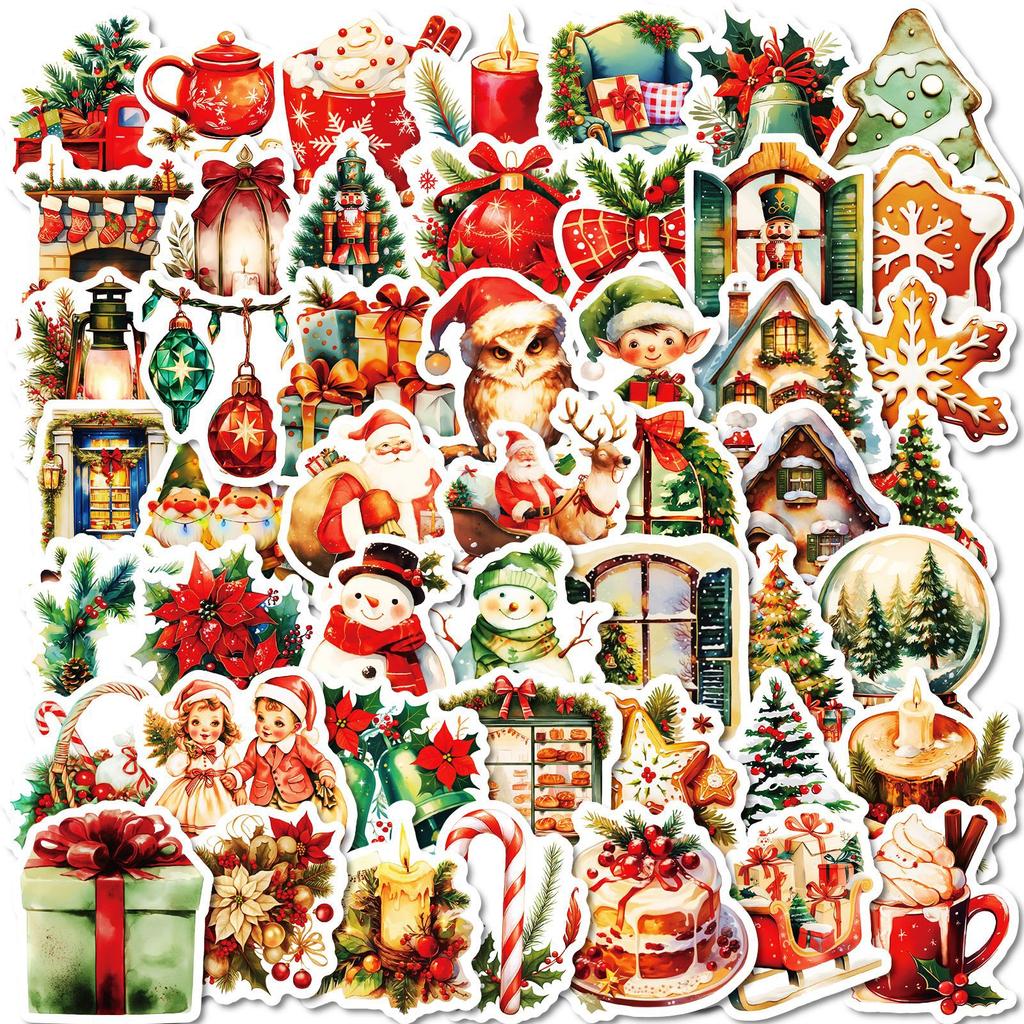 50 PCS Vintage Christmas Stickers - Holiday Decals for Phones, Luggage, Party Decor