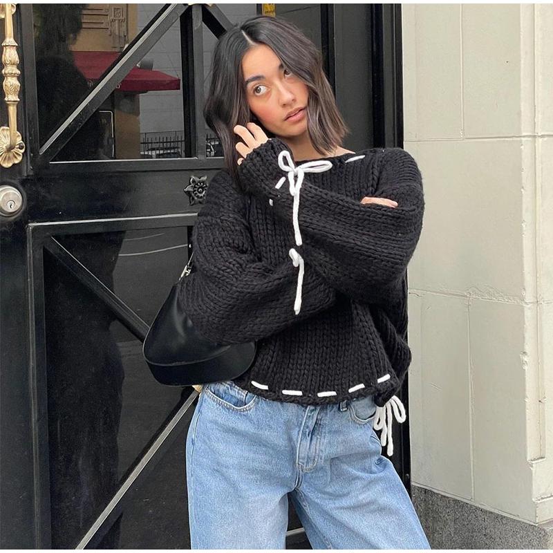 Повседневный свободный свитер женский модный бант на шнуровке косой воротник женский — фото 12