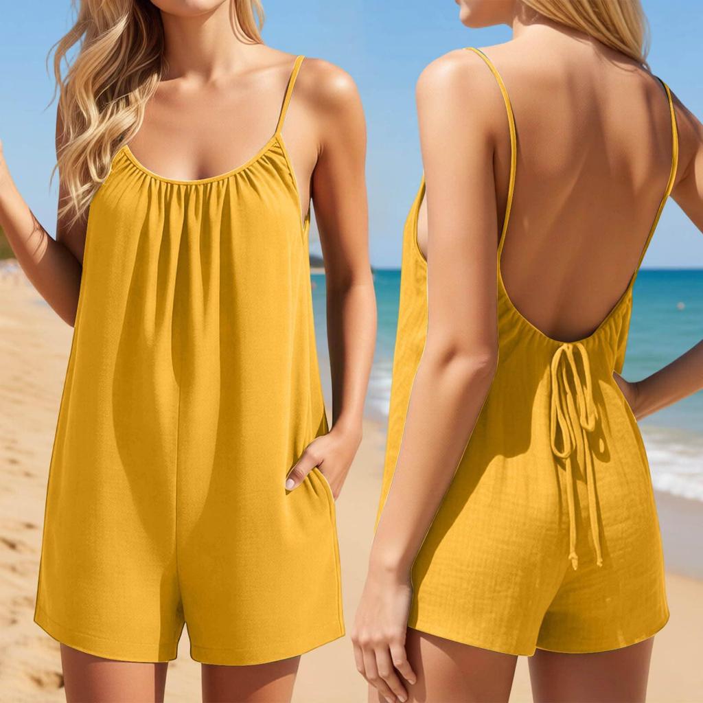 Summer 2026 Women's Linen Shorts Jumpsuit - One-Piece Romper for Beach Vacations