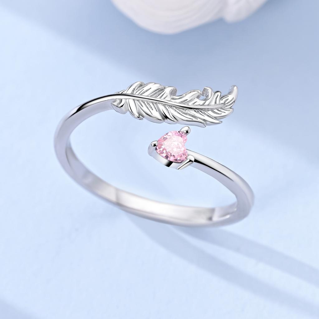 925 Silver Ring For Lady Feather Pink Heart Adjustable Open Ring Weddings Gifts Jewelry