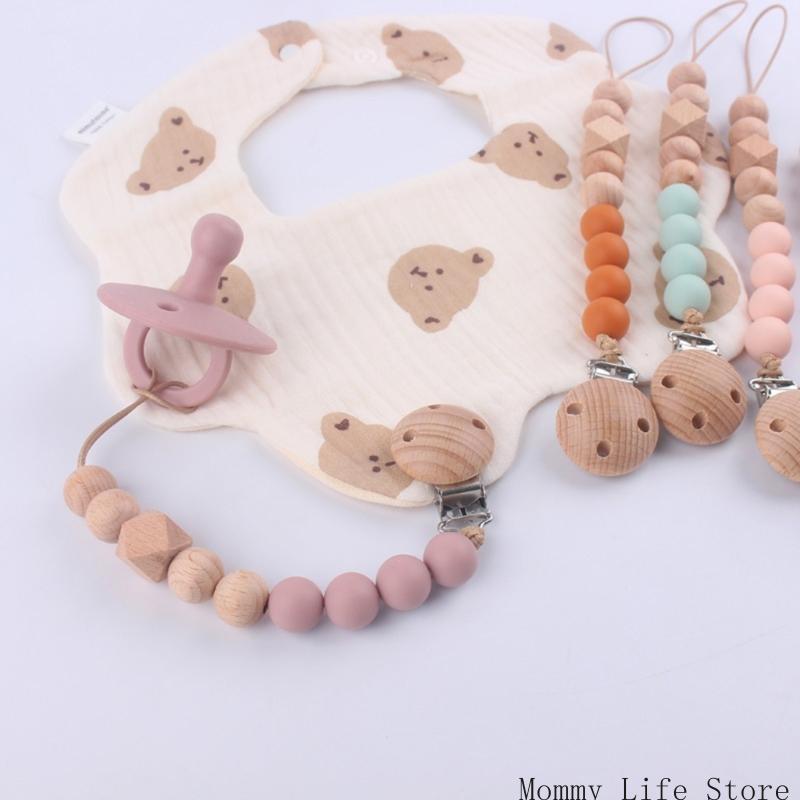 Wooden Nipple Clip Teething Bead Pacifier Anti-Lost Chain Soother Clip Baby Teether Toy Hanging Clip Nursing Accessories