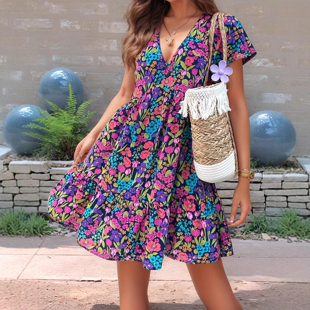 Women's short-sleeved V-neck printed loose short dress