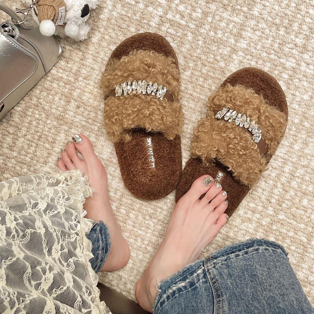 Lamb wool slippers women's autumn and winter 2025 new muffin thick bottom outer wear one-word cotton drag women's outer wear