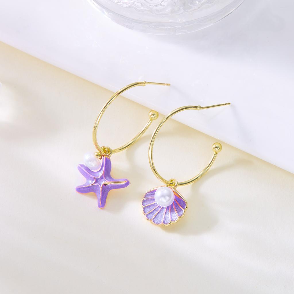Cute Enamel Metal Shell Starfish Drop Earrings for Women Asymmetrical Imitation Pearl Conch Shell Earrings Girls Daily Jewelry