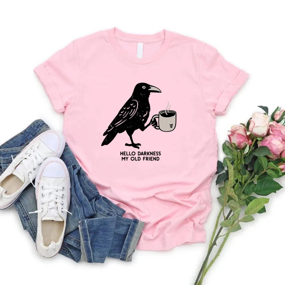 Raven Crow Coffee Shirt Halloween Womens Tshirt Short Sleeve Coffee Lover Gift Crow Coffee Printed Pattern Tshirt