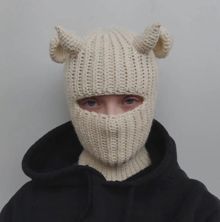 Y2K Style Crochet Halloween Party Cow Horn Parent-Child Ski Mask Hat