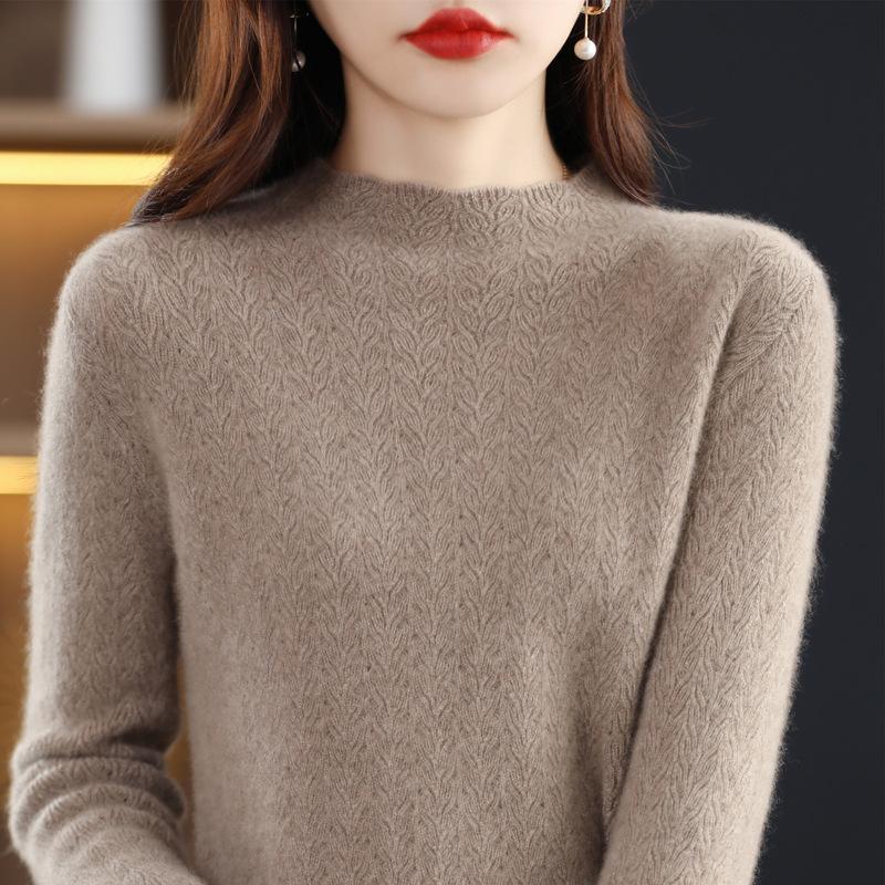 Women's Retro Wool Knit Hollow Out Sweater - Autumn/Winter Long Sleeve Half High Neck Pullover.