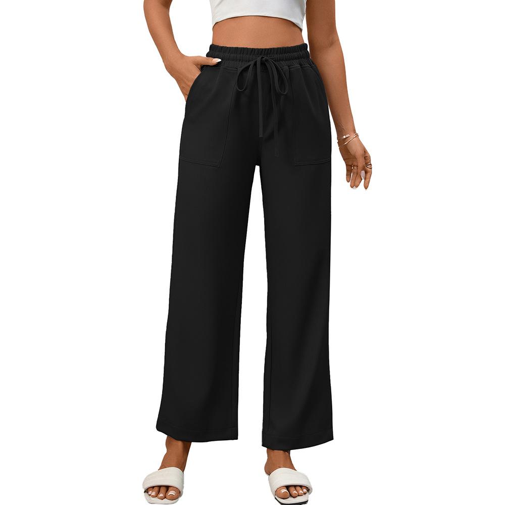 Summer New Women's Casual Drawstring Flowing Trousers Wide Leg Pants with Pockets