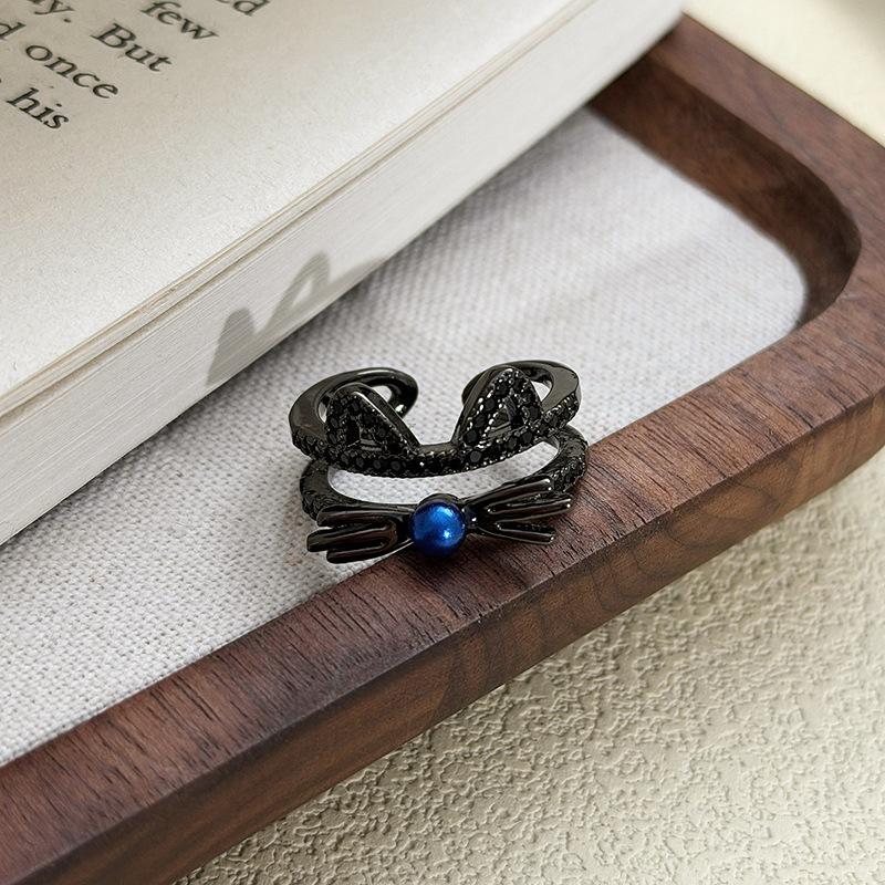 Dark Gothic Y2K Cat Full Diamond Zir*****Pen Ring Sweet Cool Niche Premium Sense Stacked Ring