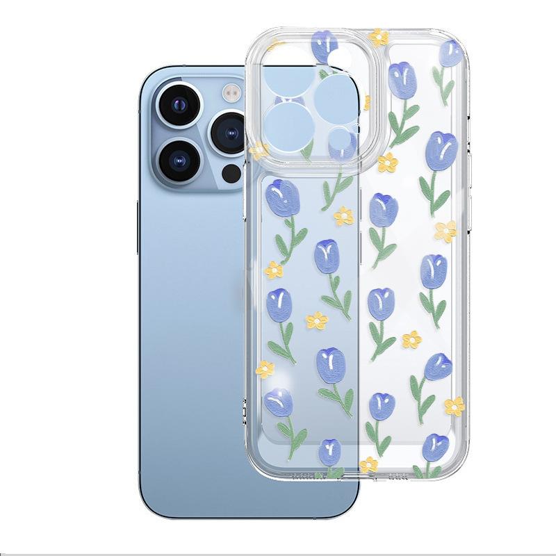 Processing and production of small fresh blue tulip mobile phone case UV painted Apple transparent 13 protective case