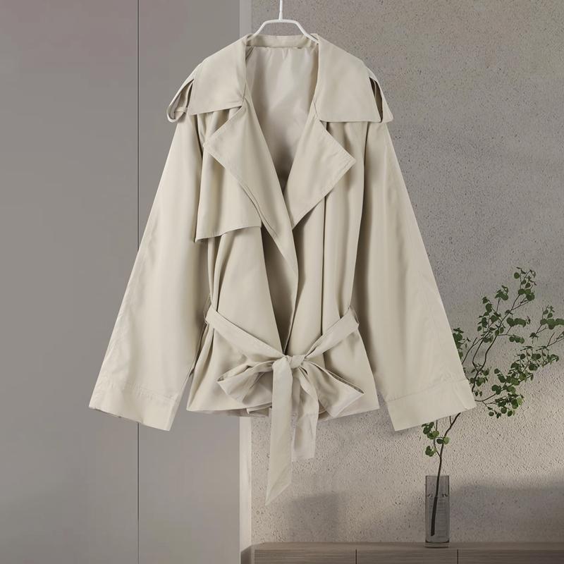 Lapel Tied Windbreaker Jacket Women's Commute Long Sleeve A-line Style Elegant Jacket Fashion Streetwear 2025 Autumn