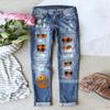 Women's Mid Rise Straight Leg Distressed Halloween Pumpkin Ghost Patch Print Long Denim Pants Summer Street Jeans
