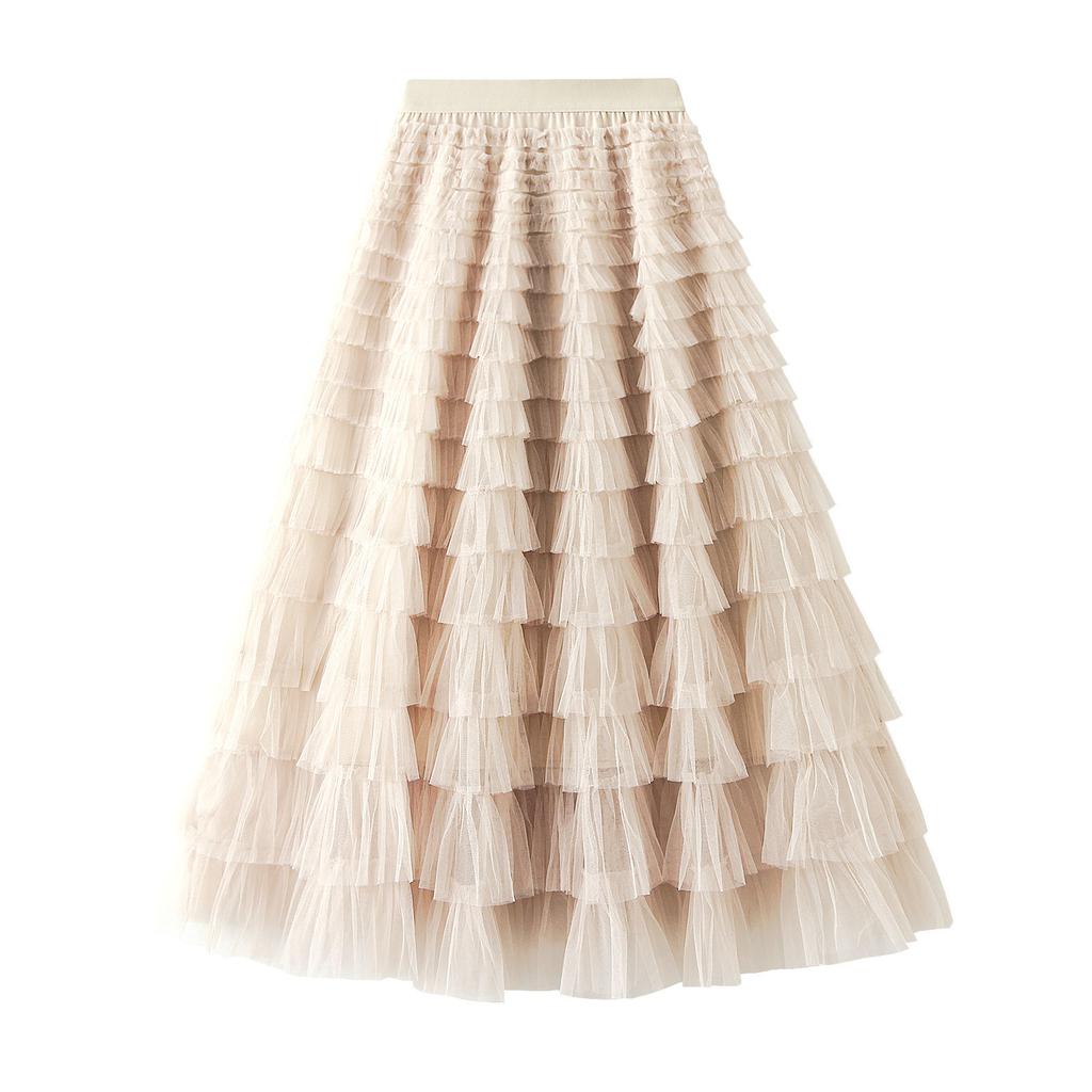 Women's Sweet Black White Tutu Skirts Tulle Cake Long Skirt Women Spring Summer Ruffle Pleated A-Line Chic Skirt