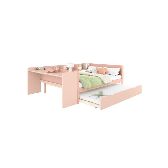 Lit Double - MUVOE - 140x200cm - Bois Massif - Bureau Intégré - Rose