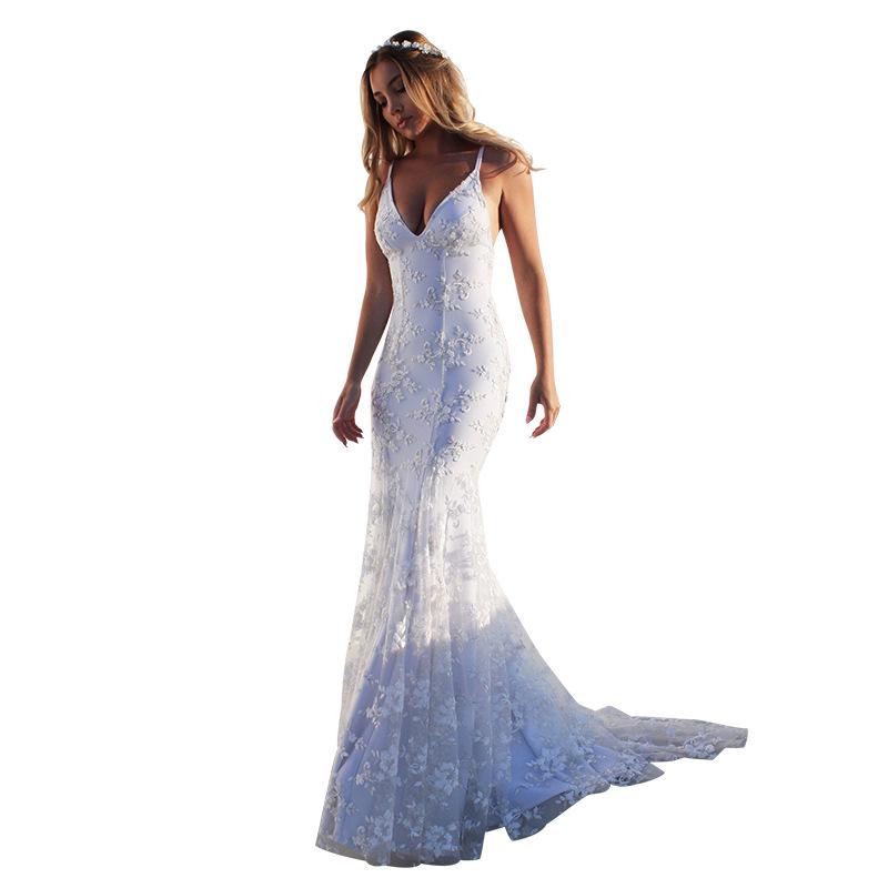 V-neck White Spaghetti Strap Evening Dress - Sexy European & American Style 2025