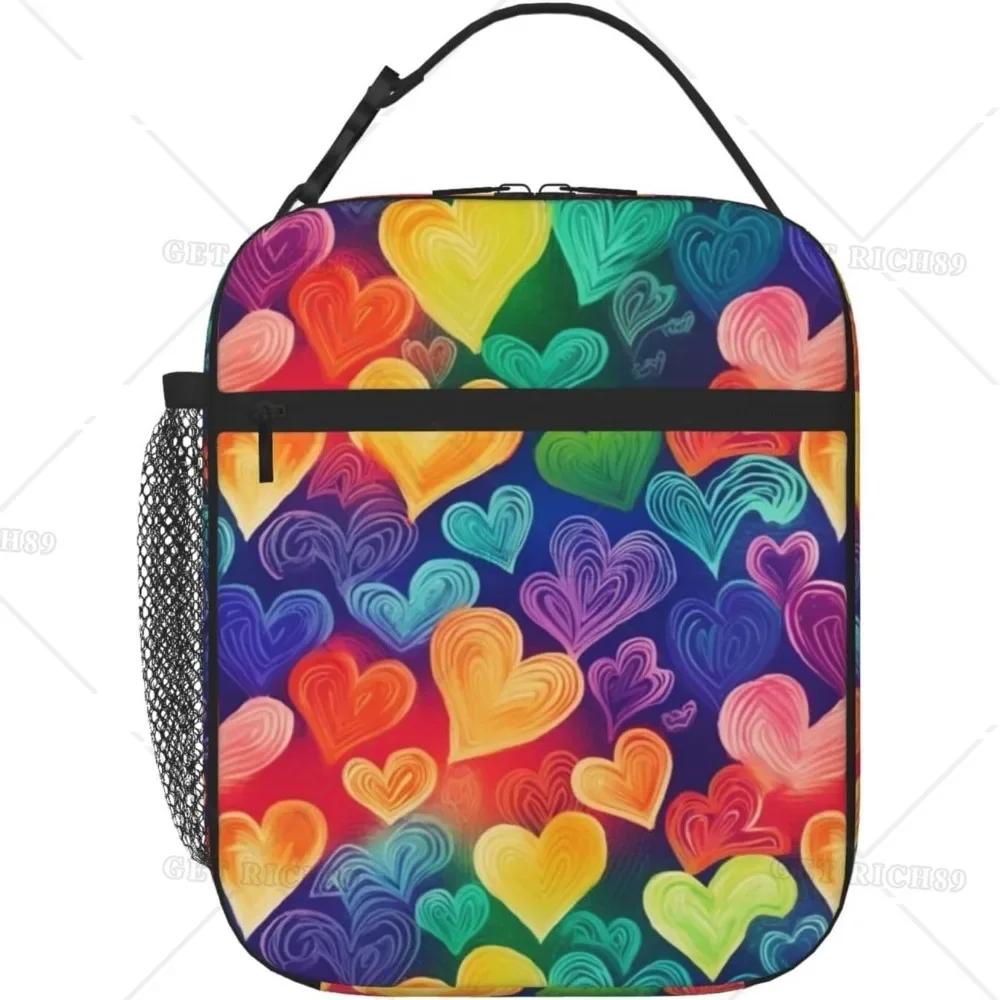 Cute Love Heart Pink Lunch Bag for Women Men Valentine's Day Theme Reusable Insulated Cooler Box for Work Office Picnic