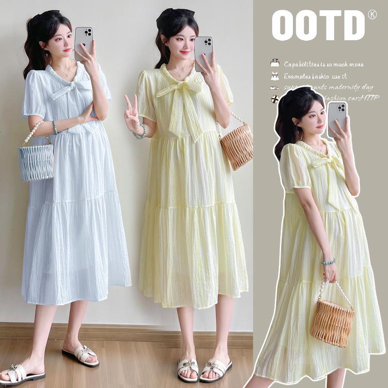 2026 Korean Style Loose Slimming Plus Size Maternity Midi Dress for Summer