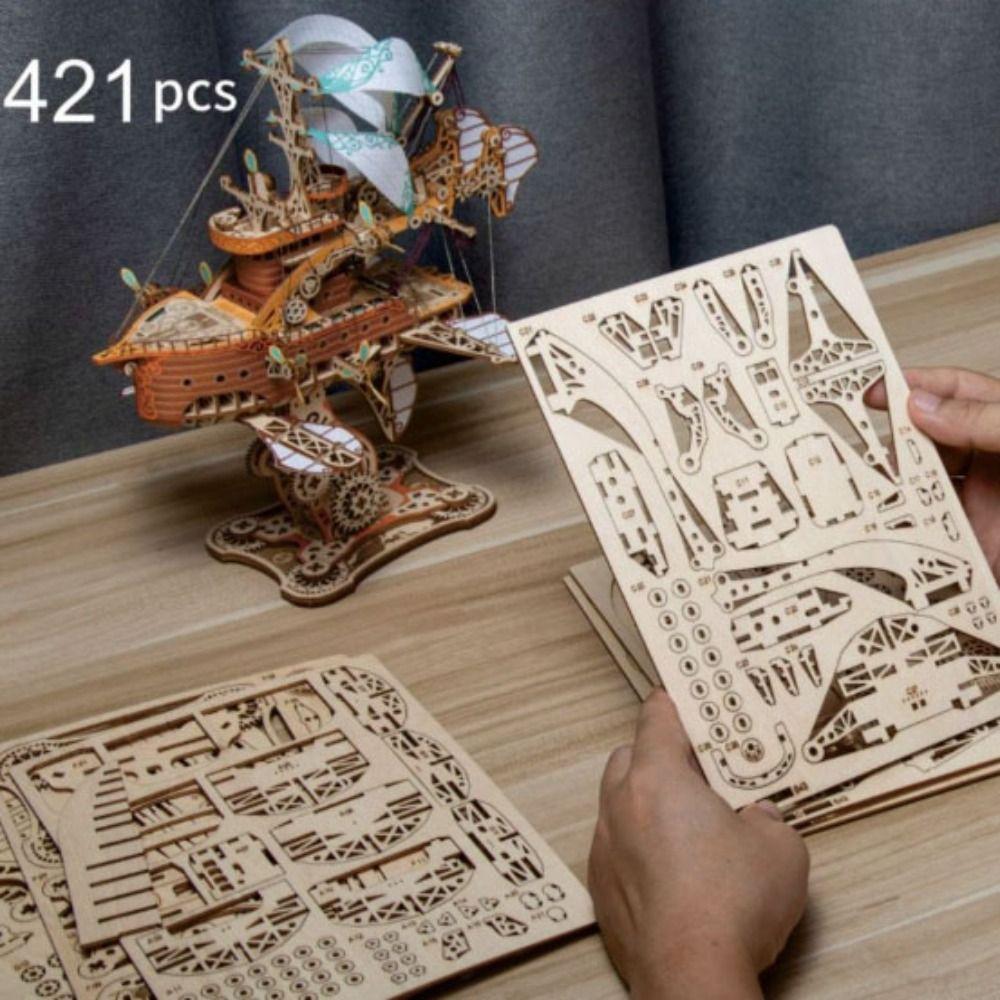 Fantasy Airship DIY 3D Wooden Puzzle Assembly Ship Building Block Kits  Children Kids Girls