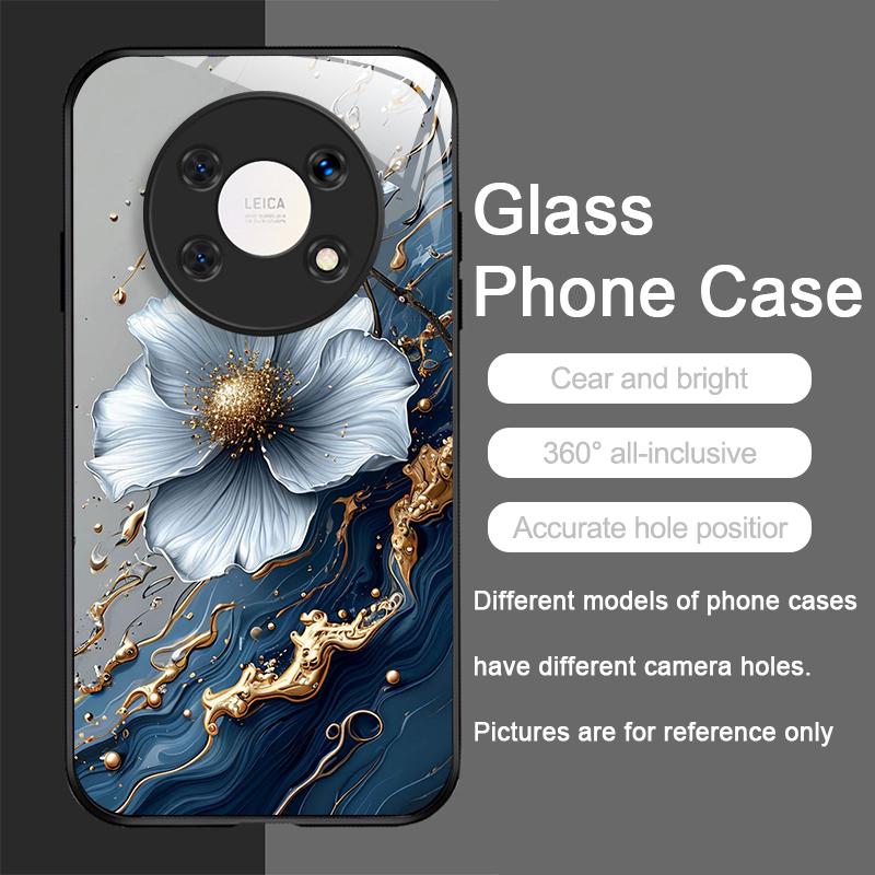 Elegant Lotus Artistic Flower Pattern Tempered Glass Phone Case for Huawei Nova 13 12 SE 11 10 Pro Mate 40 30 P60 P40 5G Covers