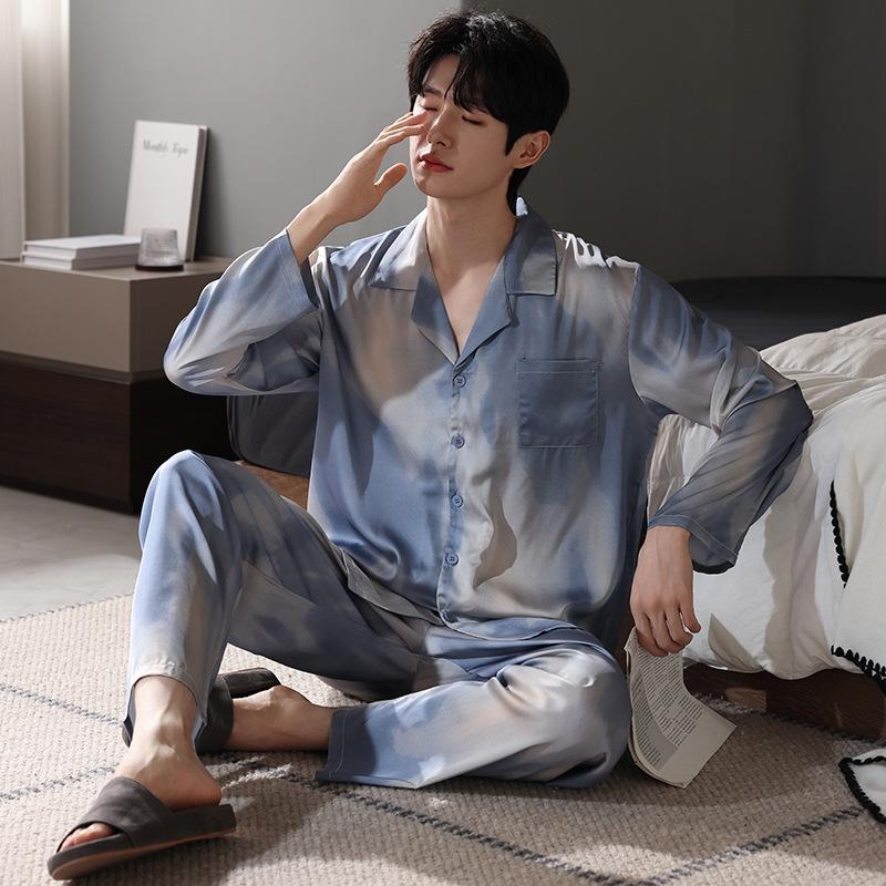 Pajamas Men'S Spring And Autumn Ice Silk Long Sleeve Thin Summer Simulation Silk Four Seasons Loungewear Suit