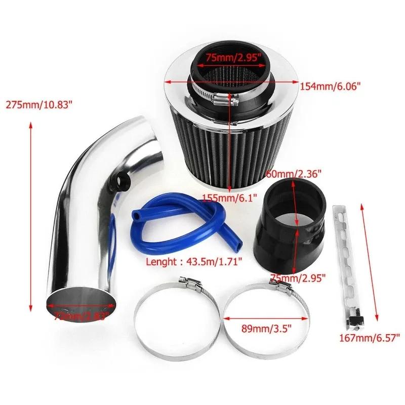 76mm 3 Inch Universal Car Air Intake Modified Kit Aluminum Air Intake Filter Tube Full Set Turbo Air Filter Cone High Flow