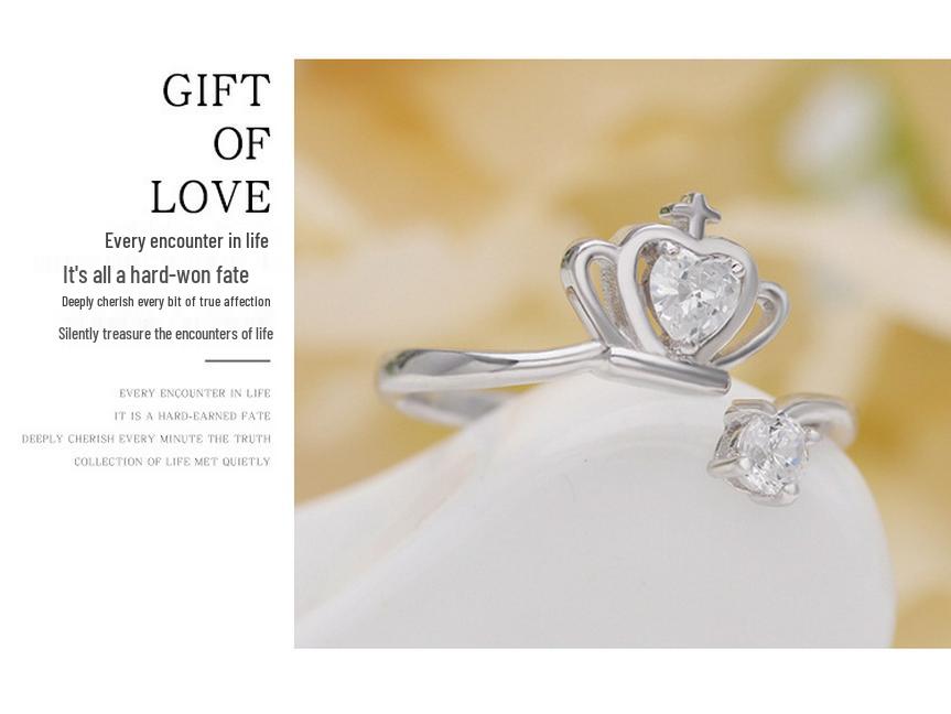 Korean Style Fresh Zircon Crown Heart Open Ring - S925 Sterling Silver