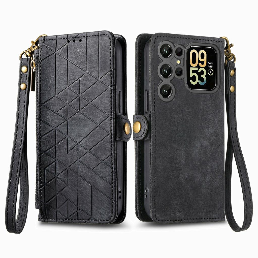 Etui portfel z zamkiem błyskawicznym i geometrycznymi liniami ze skóry do Oukitel C62 z paskiem