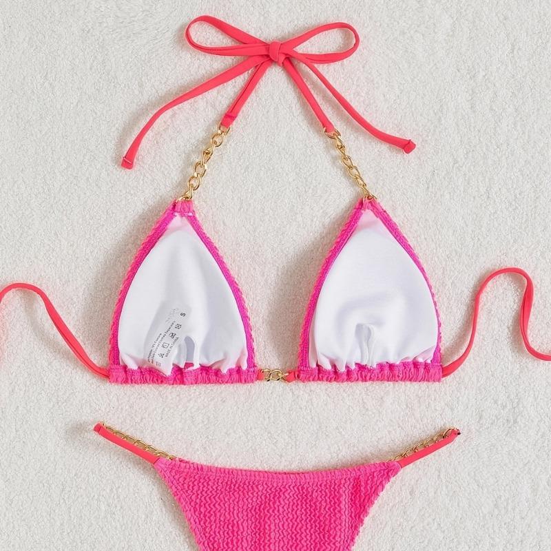 Women Sexy Solid Color Pleated Fabric Backless Two Piece Bikini Swimwear Set
