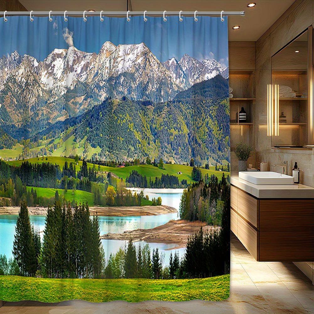 

1pc alpine landscape with turquoise lake photo shower curtain, snow capped mountains valley lake decorative shower curtain 90x180cm