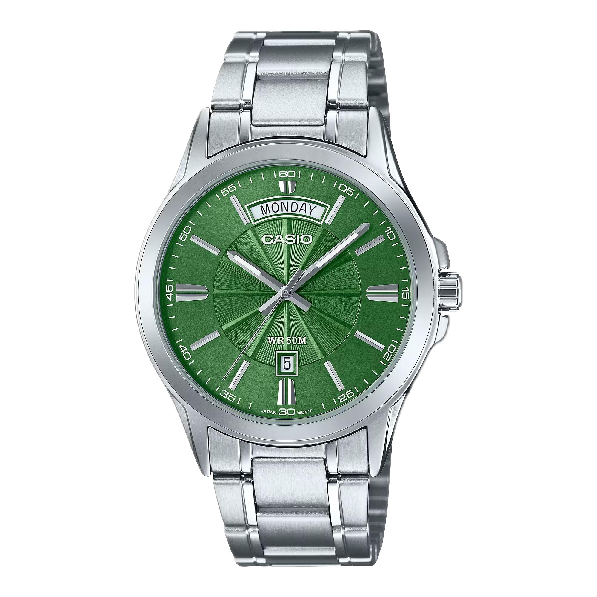 Casio MTP1381D-3AV Men s Vintage Classic Stainless Steel Watch Green Dial Day and Date Analog