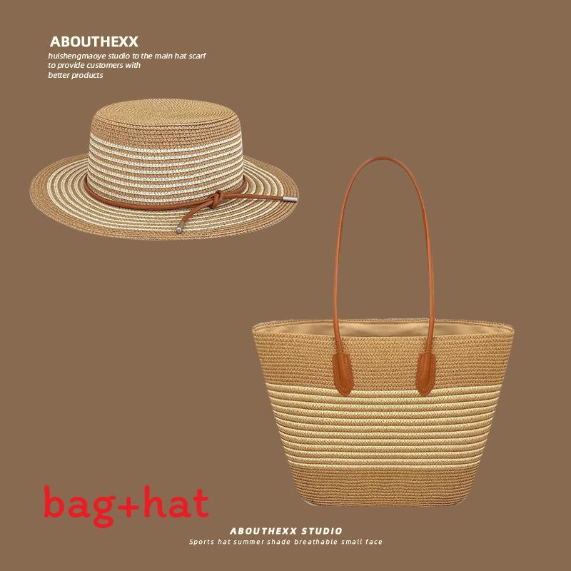 

Summer Handmade Woven Straw Hat And Tote Bag Set With Sun Protection For Casual Women Khaki