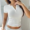 Ladies Summer Short Sleeve Button O Neck Solid Color Pullover T Shirt Top