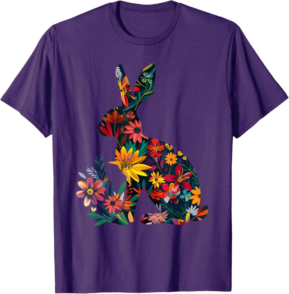 Floral Bunny Rabbit Silhouette T-Shirt Spring Easter Holiday Graphic Tee Casual Short Sleeve